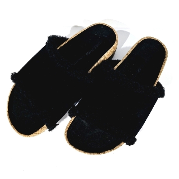 James Perse Black Suede Shearling Cork Slide Sandal Women\'s Size 6M